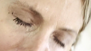 MILF gives blowjob gets massive cum and piss chaser