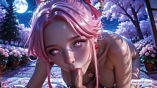 AI-generated cherry blossom nymph gives herself to fantasy sex & messy facials