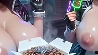 Two Cute Women Working at Cyberpunk Corner, Ai Animation