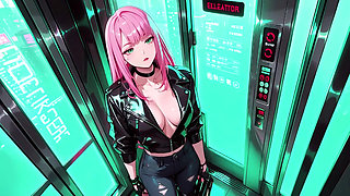 Pink-Haired Leather Tech! Private vibes in a neon-lit cyber corridor.