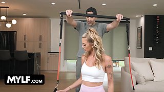 Hot cougar barbie senses is tempted by messy coach during personal training session - mylf