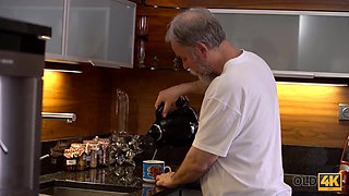 Jenny Smart's shaved pussy gets licked and pounded by an old man with coffee