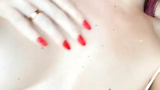 Amateur busty brunette masturbates and does hand job