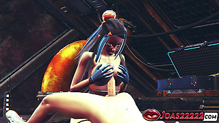 Nessa 3D Hentai Animation - Busty Girl in Sexy Bodysuit and Blue Latex Gloves Delivers Fetish Handjob Service Cumshot