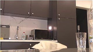 Hot And Sexy Tight Pussy Blonde Wife In The Kitchen Shows Her Sheer Shiny Black Pantyhose And Takes Off Panties With Leon Lambert