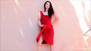 Small titted brunette Sharron with glasses masturbates