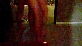 Outdoor with a beautiful girlfriend in front of the door of the room.