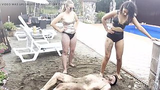 Black Dominatrix Humiliates Pig Slave in Sand - Spitting & Foot Worship BDSM