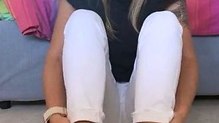 Blonde in stockings foot fetish and pussy pounding