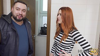 HUNT4K. Belle with red hair fucked by stranger in toilet in front of BF