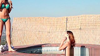 Two charming teens 18+ have steamy lesbian session in the pool