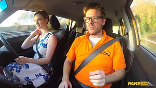Bushy big titty brunette gives head and clit to driving instructor