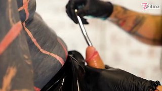Latex Femdoms Dominate Tattooed Slave – Urethral Sounding, Ureta Fingering, Dominatrix