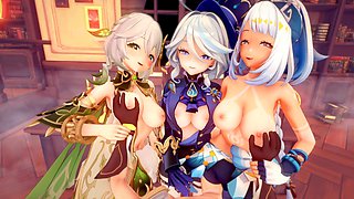 Genshin Impact - Furina, Nahida, Mualani, Lynette enjoy steamy harem action in 3D hentai film!