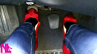 Pedal Pumping and Relaxing My Hosed Feet in Red Pattent Flats
