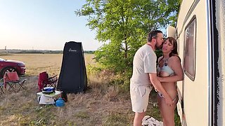 Big tits MILF gets fucked against a caravan outdoors