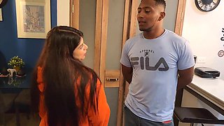 Busty and beautiful Jennie fucks the pizza delivery guy, hot interracial sex