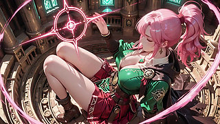 Deep squat teasing under the giant magic array, green battle gear stretched tight.