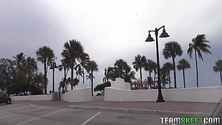 Beautiful petite latin gets nailed by a tall muscle