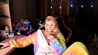 Blonde mature with big boobs masturbates in bed