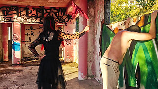 BDSM femdom flogging. Dominatrix Nika punishes her slave at sunset in an abandoned building. Back scratching.