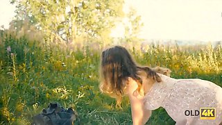 Old4k. egghead with Pretty Face nailed by senior passerby in various poses