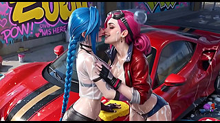 Jinx and Vi Washing the Red Ferrari Wet and Soapy