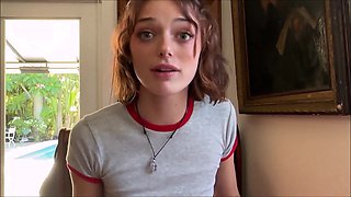 Lovely teen stepsister squirts on herself and gives a footjob POV