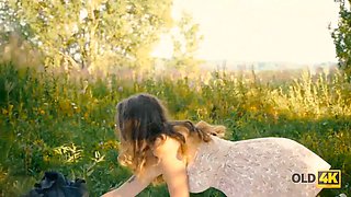 Old4k. thin has xxx with old fellow who ejaculates on glasses outdoors