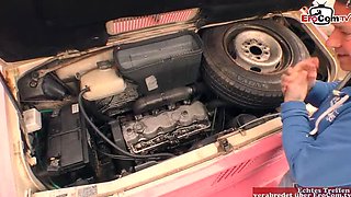 Young 19yo trainee with perfect tits fucks two old men in car threesome - Lia Louise