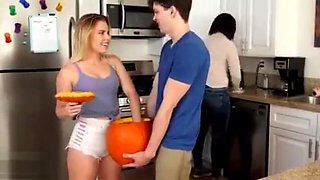 Brother drilling horny sister and fills her tight pussy with cum while mother cleans up in the kitchen