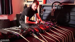 Edging the Boy in Leather Bondage but He Is Not Allowed to Orgasm