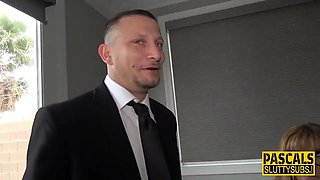 Giant boob submissive sucks cock