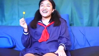 Asian petit on the cock in a college uniform