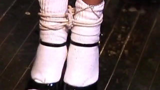 Ebony babe gets tits pegged while bound and ball gagged